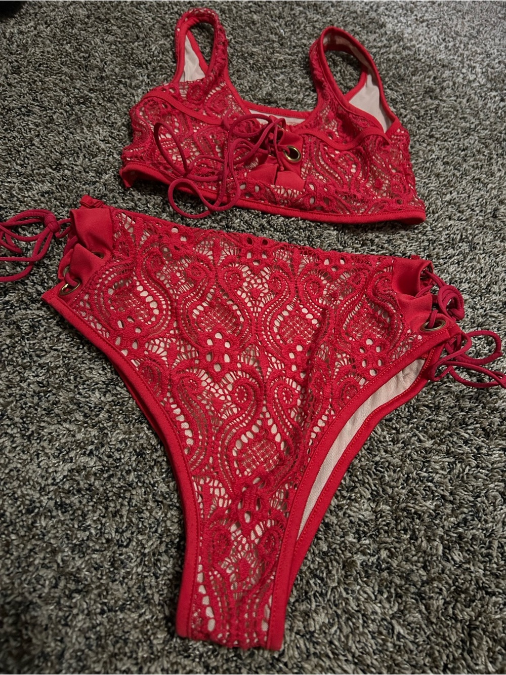 Source Unknown Red Lace Crochet Bikini Set with Lace-Up Sides